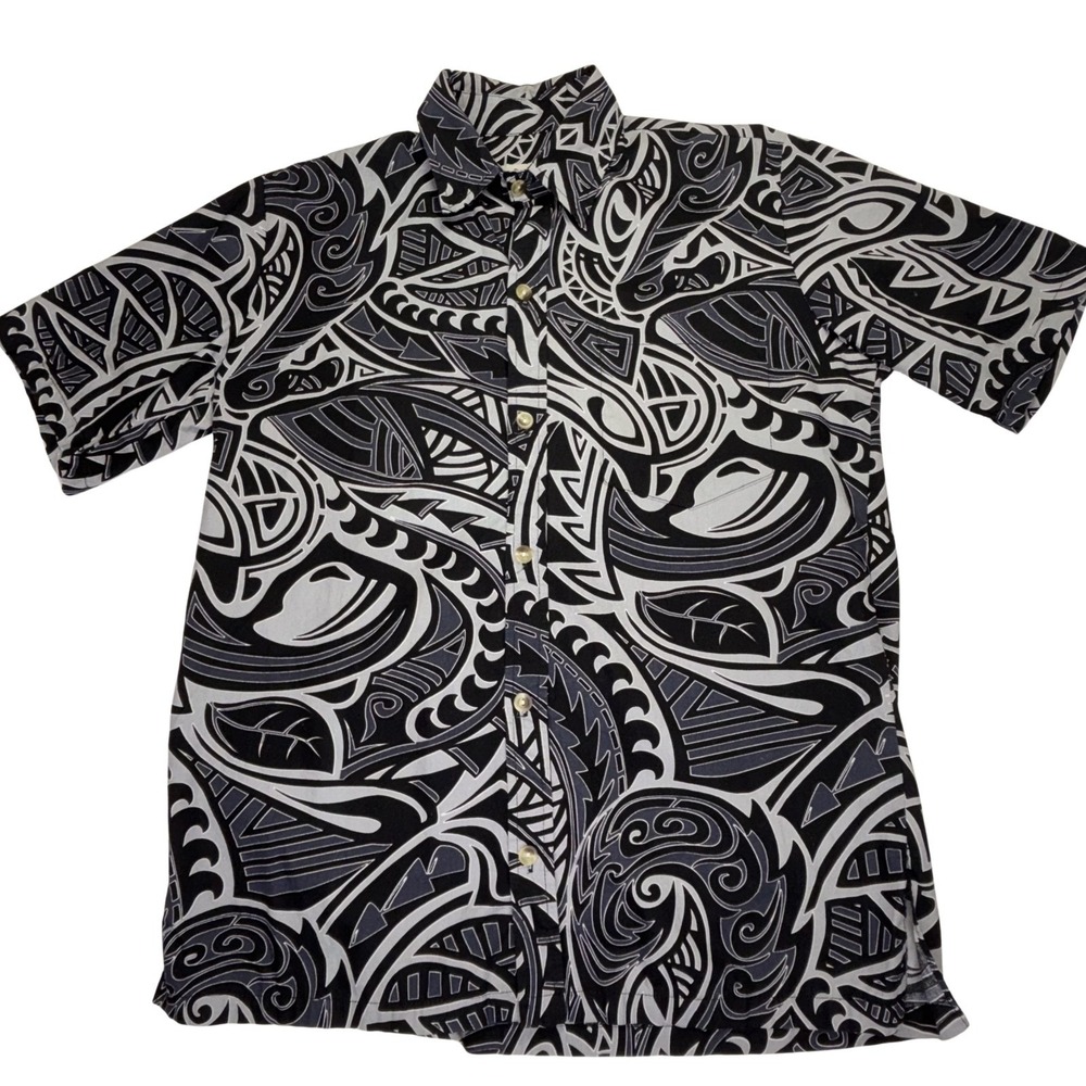 TWO Paddles‎ Hawaii Aloha Shirt Tribal Polynesian Print Cotton Resort Surf S/M